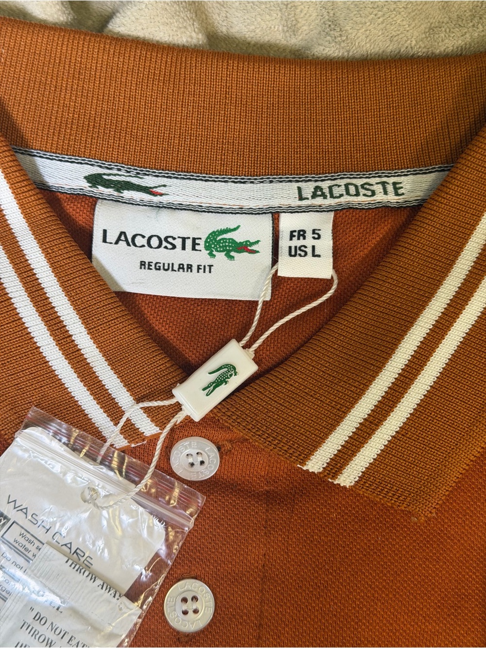 Lacoste Mens Rust Orange Long Sleeve Polo with Striped Collar - Picture 6 of 8